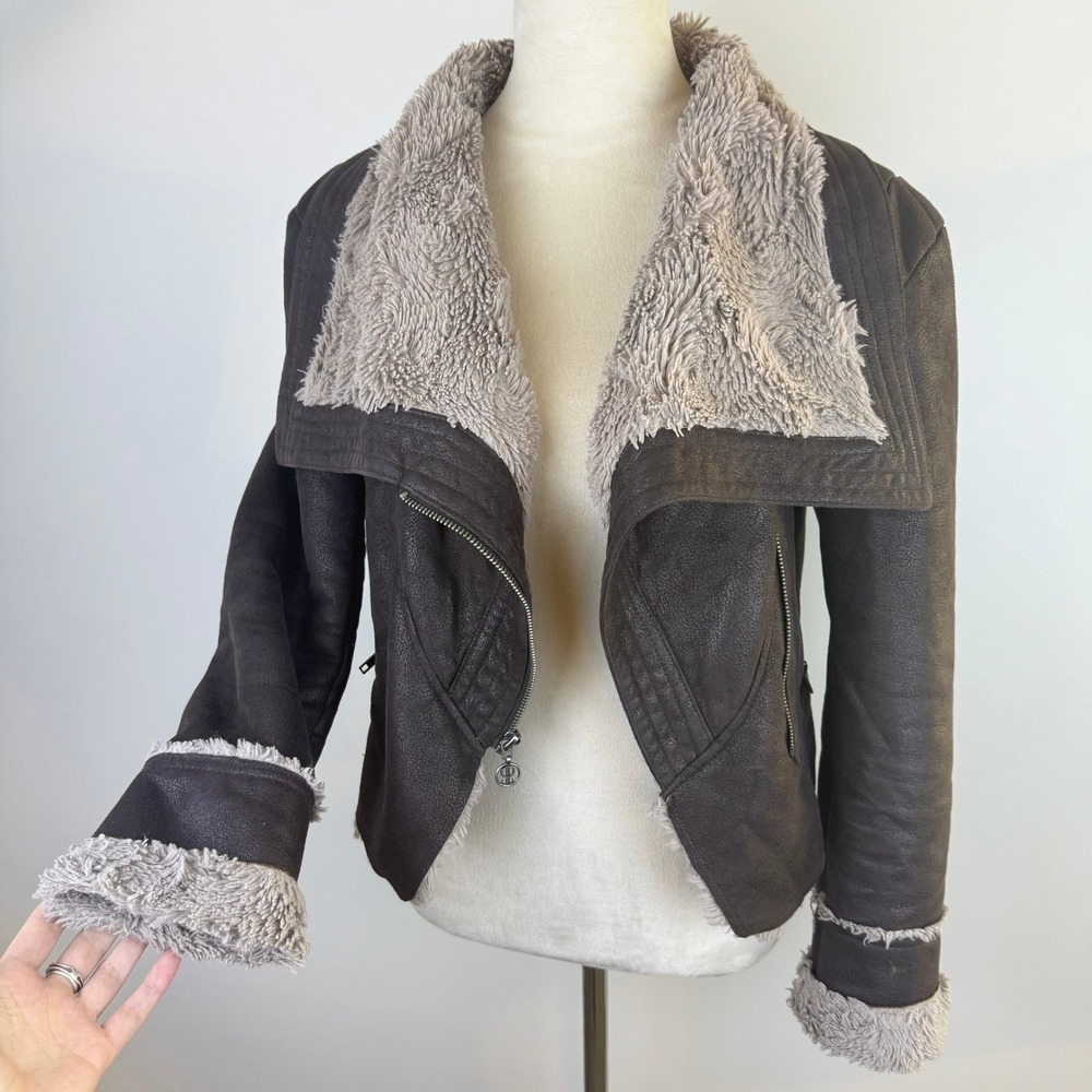 Y2K Jennifer Lopez Faux Fur Lined Moto Jacket Brown Aviator Coat Zippers Sz XS